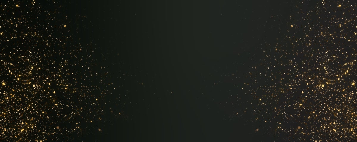 Dark luxury new year banner with fine gold glitter particles clustered toward the edges over a deep black-gray background