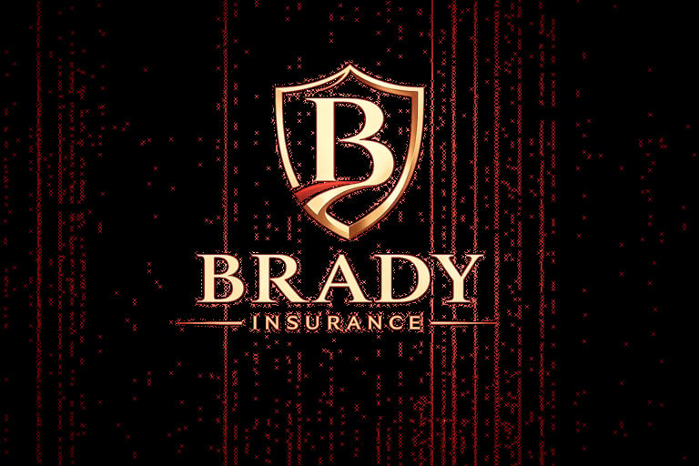 Brady Insurance company logo featuring a gold shield with letter B on a dark red digital background