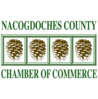 Nacogdoches County Chamber of Commerce logo featuring four pine trees in gold boxes with green text border